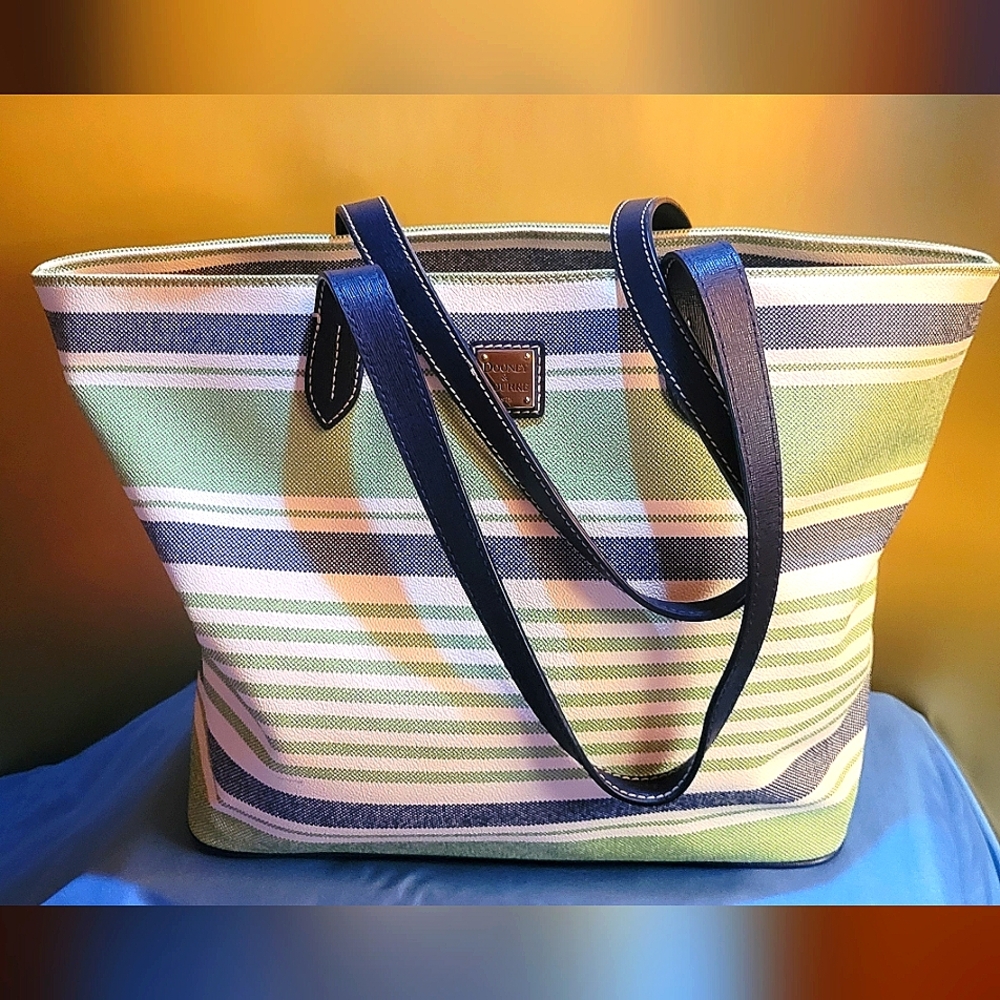 Dooney & Bourke Green and Navy Striped Canvas Tote